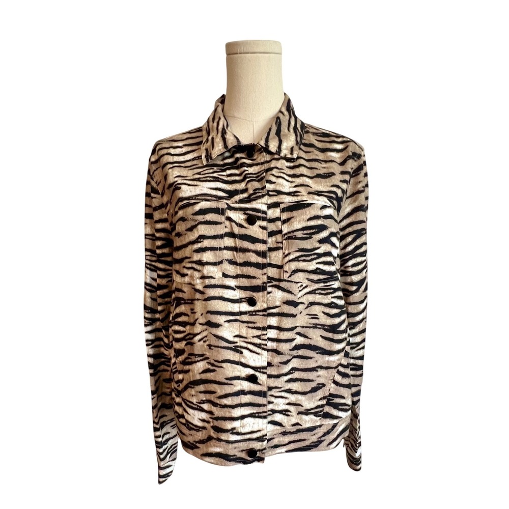 Sharon Young Tiger Print Floral Back Linen Blend Jacket Tan Black Large 
Women L